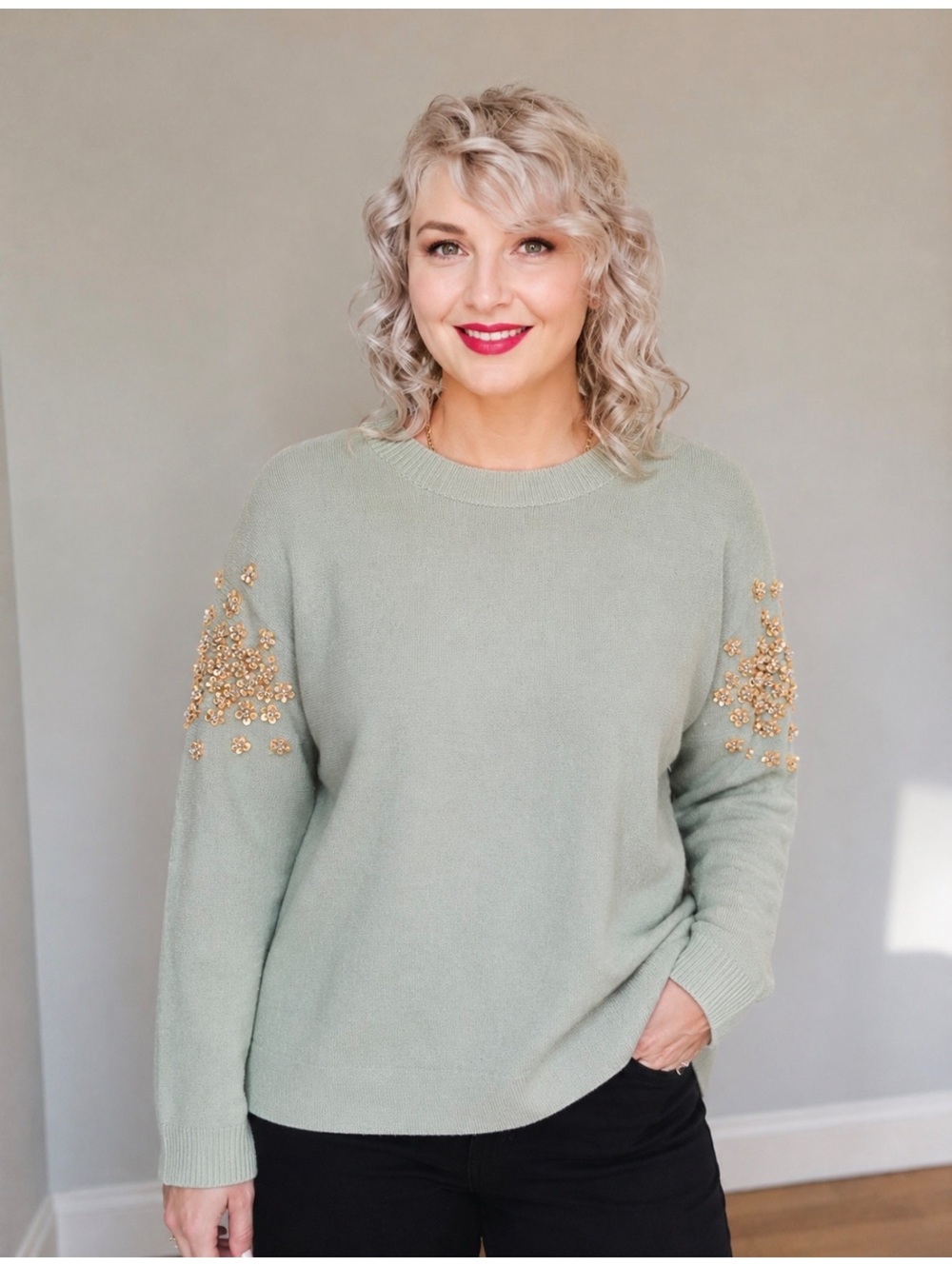 J.Crew Women’s Embellished Wool Blend Sweater Size M Sage Green Sequin Floral